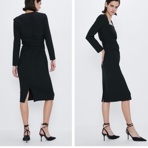 Zara Black Draped Midi Dress Square Neck Ruched Back - Picture 3 of 7